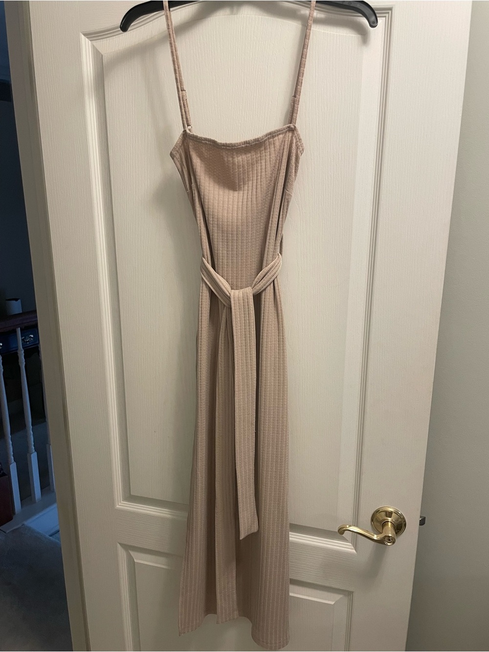 Sleeveless Beige Ribbed Maxi Dress with Tie Waist